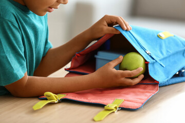 Cute little boy putting his school lunch in bag