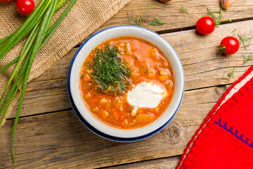 mastava Uzbek cuisine, top view on wooden table