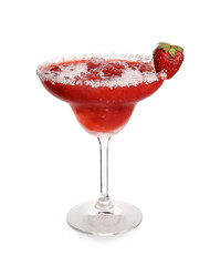 Glass of tasty strawberry margarita on white background