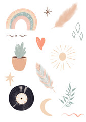 Collection of boho elements for cards, decor and design. Rainbow, vinyl record, sun, feather illustrations. Isolated on white backdrop.  © Arina