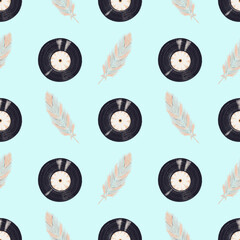 Seamless pattern in boho style with illustrations of vinyl records on mint backdrop. 