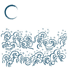  水しぶきを上げている波模様と月のイラスト
