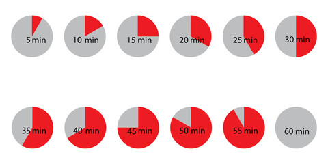 Icon with red part time minutes for web. Red hours set. Timer icon. Clock emblem. Vector illustration. Stock image.