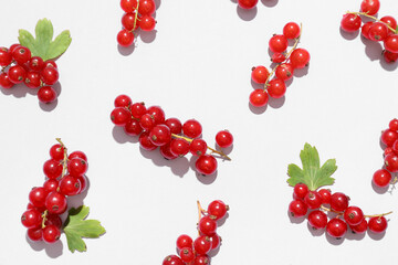 Fresh red currants and leaves on color background