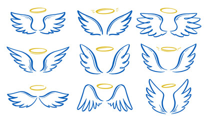 Angel doodle wing and halo set. Hand drawn sketch style wing. Angel, love, religion concept vector illustration. Pencil line drawing.