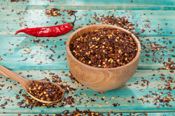 Crushed red cayenne pepper, dried chili and seeds