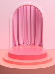 Pink product stage or podium with curtain for banner promo or showcase. 3D Illustration