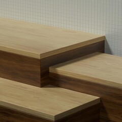 Empty wooden kitchen table or stage with ceramic wall for product banner or promo. 3D illustration