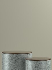 Grey marble round product stage or podium with light brown wall background for product banner or promo. 3D Illustration
