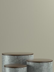 Grey marble round product stage or podium with light brown wall background for product banner or promo. 3D Illustration