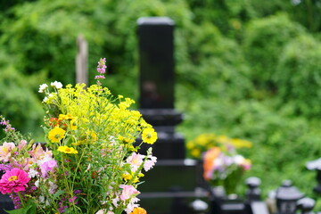花が供えられたお墓　墓参りイメージ