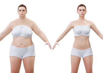 Young woman before and after weight loss and slimming isolated on white background