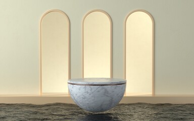 Minimalistic scene with bowl product stage for product promo or banner. Scene with water foreground and wall in the background. 3D Illustration