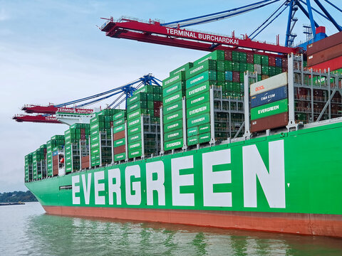 Evergreen - The Biggest Container Ship At Terminal Burchardkai In The Port Of Hamburg, Germany