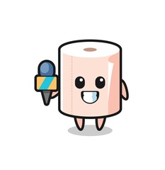 Character mascot of tissue roll as a news reporter