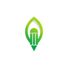Creative Green Leaf Logo. Pencil Combined with Leaf Icon Vector Illustration