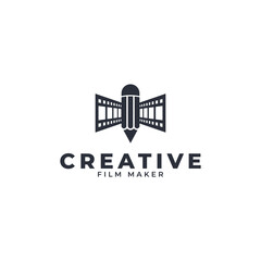 Creative Cinema Movie Logo. Pencil Combined with Reel Stripes Filmstrip Icon Vector Illustration