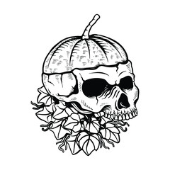 hand drawn skull with pumpkin line art black and white