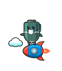 ballpoint pen mascot character riding a rocket