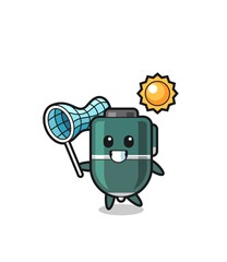 ballpoint pen mascot illustration is catching butterfly