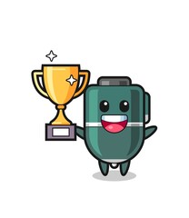 Cartoon Illustration of ballpoint pen is happy holding up the golden trophy