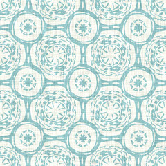 Aegean teal mottled rustic circle linen texture background. Summer dotted coastal living style. Light turquoise blue cloth effect textile seamless pattern. Washed out beach cottage fabric material. 