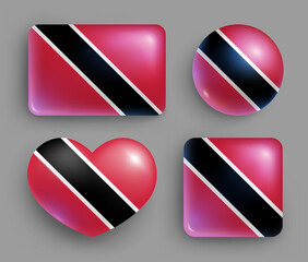 Trinidad and Tobago country flag glossy button set. American Island state national flag, shiny geometric shape badges, symbols in patriotic colors realistic vector illustration