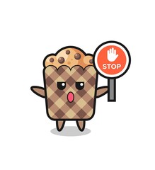 muffin character illustration holding a stop sign