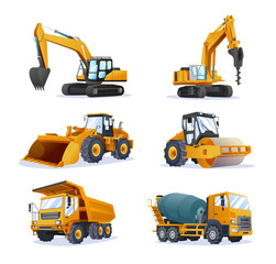 Collection of construction heavy machinery vehicles isolated illustration