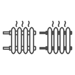 Battery heating with smoke, hot radiator line and solid icon, interior design concept, heater vector sign on white background, outline style icon for mobile concept and web design. Vector graphics.
