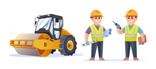 Cute construction engineer characters with steamroller compactor illustration