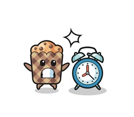 Cartoon Illustration of muffin is surprised with a giant alarm clock