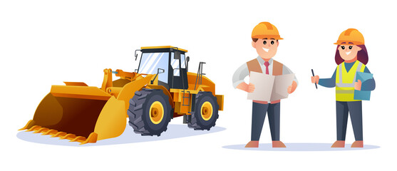Cute construction foreman and female engineer characters with wheel loader illustration