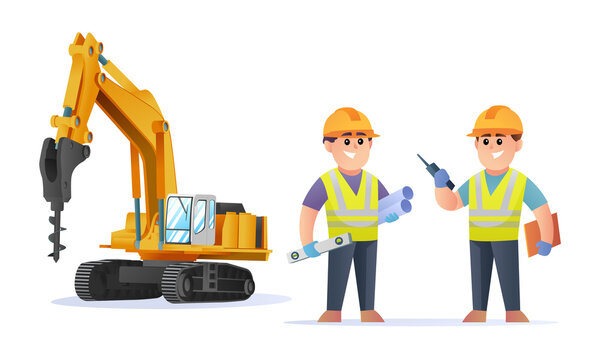 Cute construction engineer characters with drill excavator illustration