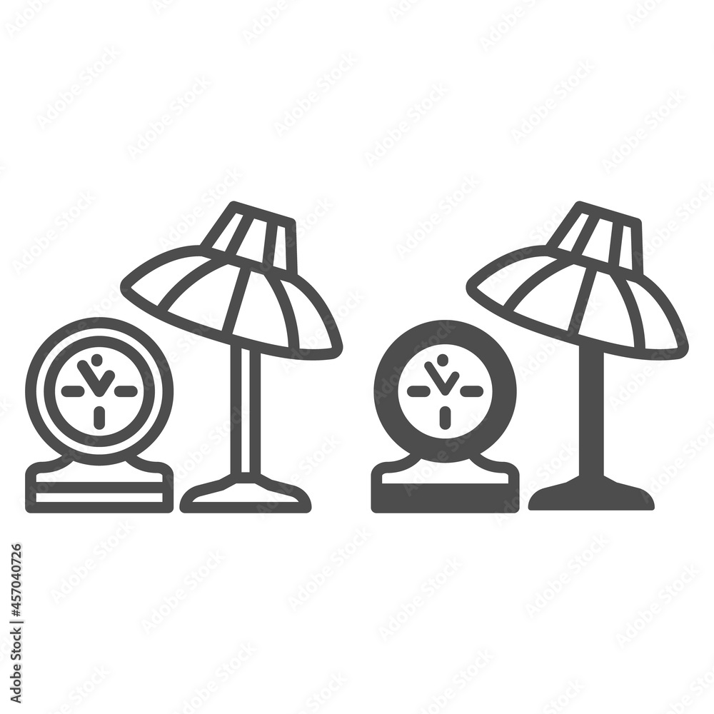 Poster table lamp and clock line and solid icon, interior design concept, desk lamp and shelf clock vector 