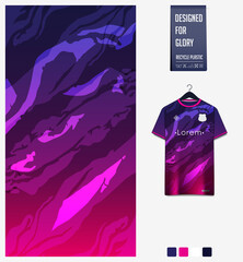 Soccer jersey pattern design.  Abstract pattern on violet background for soccer kit, football kit or sports uniform. T-shirt mockup template. Fabric pattern. Abstract background. 