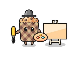 Illustration of muffin mascot as a painter