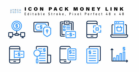 Icon Set of Money Link Two Color Icons. Contains such Icons as Shopping, Phone, Credit, Invoice Online etc. Editable Stroke. 48 x 48 Pixel Perfect