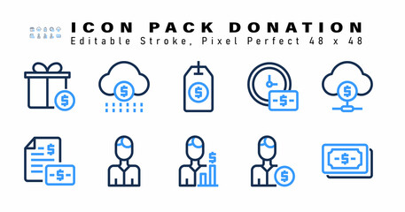 Icon Set of Donation Two Color Icons. Contains such Icons as Cloud Money, Cash, Manager, Investor etc. Editable Stroke. 48 x 48 Pixel Perfect