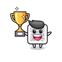 Cartoon Illustration of qr code is happy holding up the golden trophy