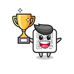 Fototapeta premium Cartoon Illustration of qr code is happy holding up the golden trophy