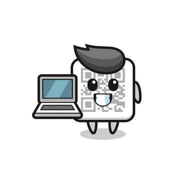 Mascot Illustration of qr code with a laptop