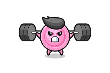 clothing button mascot cartoon with a barbell