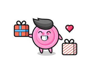 clothing button mascot cartoon giving the gift