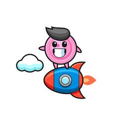 clothing button mascot character riding a rocket