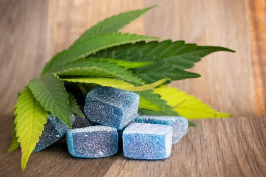 Blue Raspberry Delta-8 Gummies with Hemp Leaves