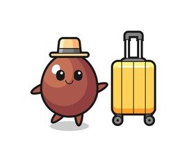 chocolate egg cartoon illustration with luggage on vacation