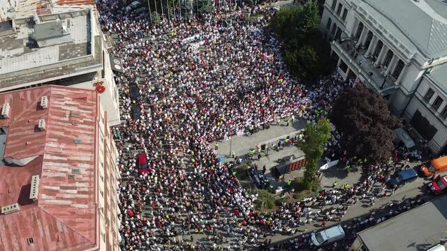 Aerial drone view of large crowd of people on the protest. Citizens gathering in protest. Demonstration in Sarajevo, Bosnia and Herzegovina.