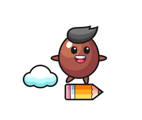 chocolate egg mascot illustration riding on a giant pencil