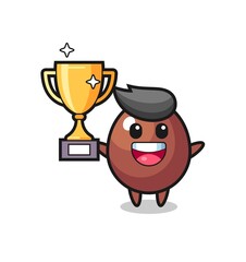 Cartoon Illustration of chocolate egg is happy holding up the golden trophy